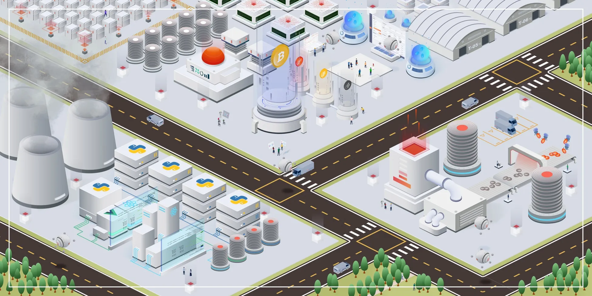 Crypto Foundry — an isometric illustration of a city built from mining rigs