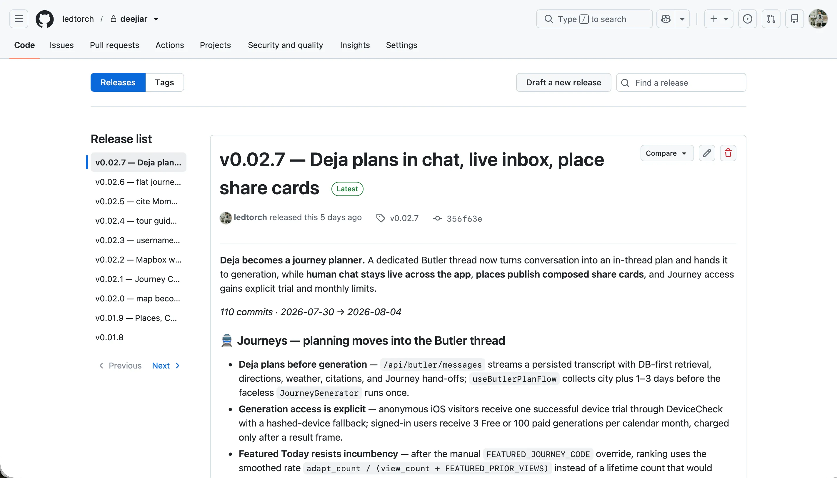 GitHub release notes for v0.02.7 — Deja plans in chat, live inbox, place share cards — 110 commits