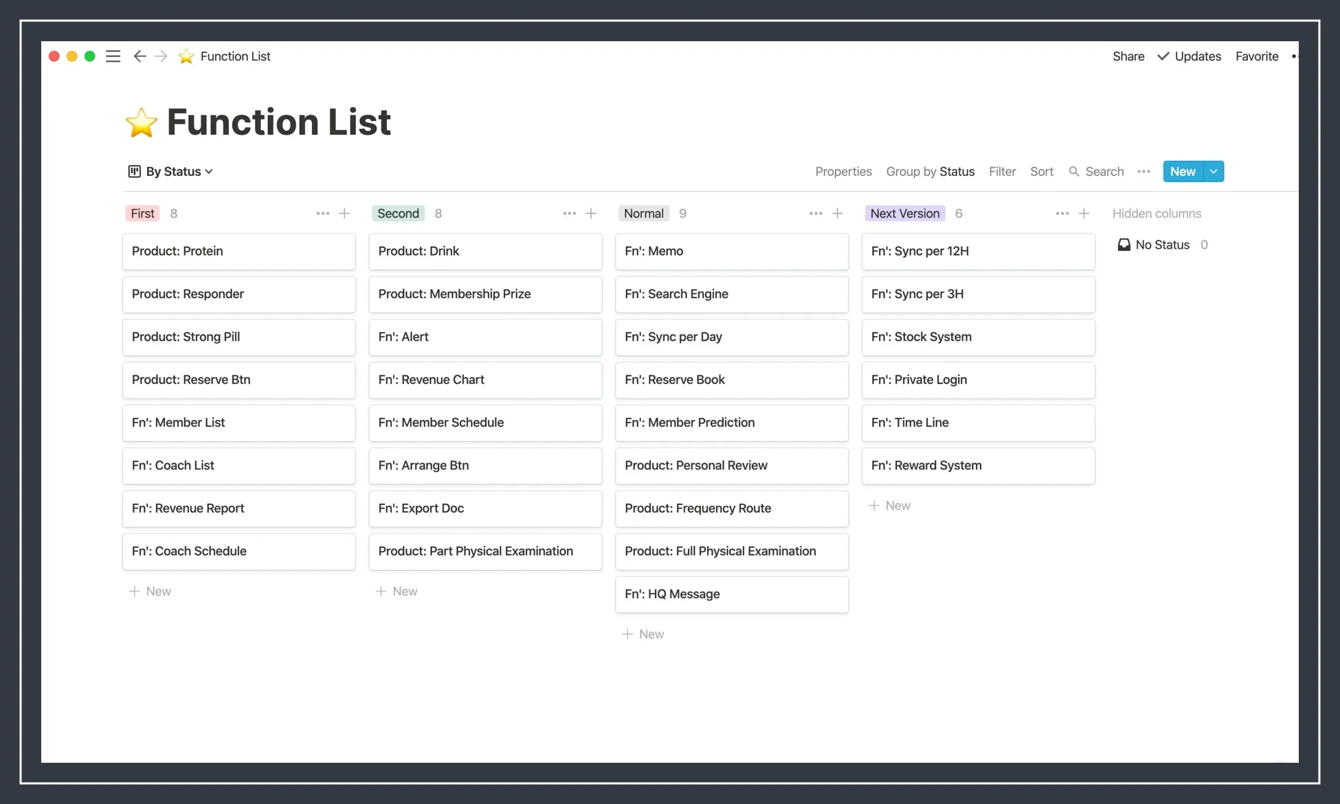 The function list, ordered by development priority